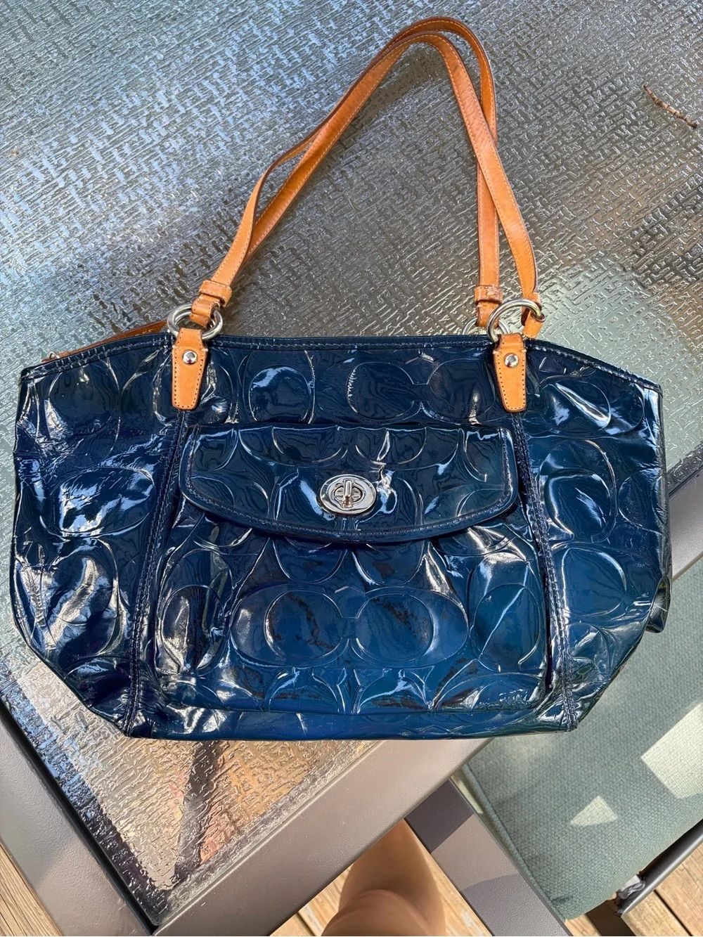 Coach Navy Patent Shoulder Bag with Tan Straps